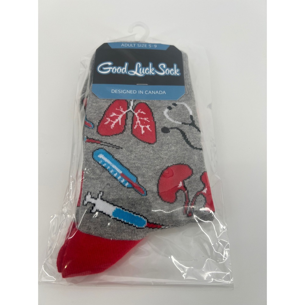 Good Luck Sock Medical Theme Crew Socks Womens 5-9 Gray Red Lungs Stethoscope